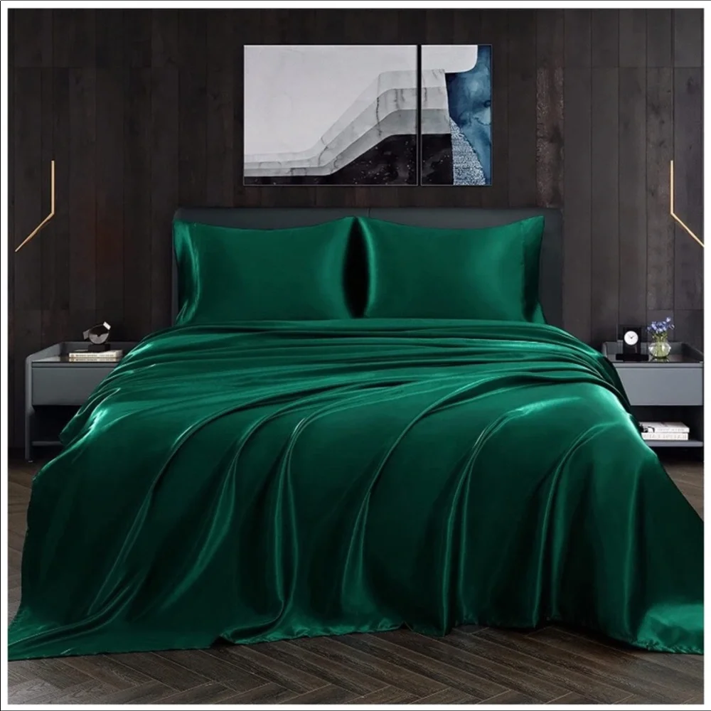 4pcs Satin Sheets Emerald Silky Satin Bedding Set